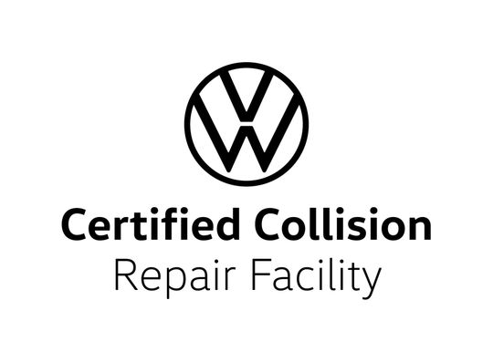 A black and white logo for a certified collision repair facility.