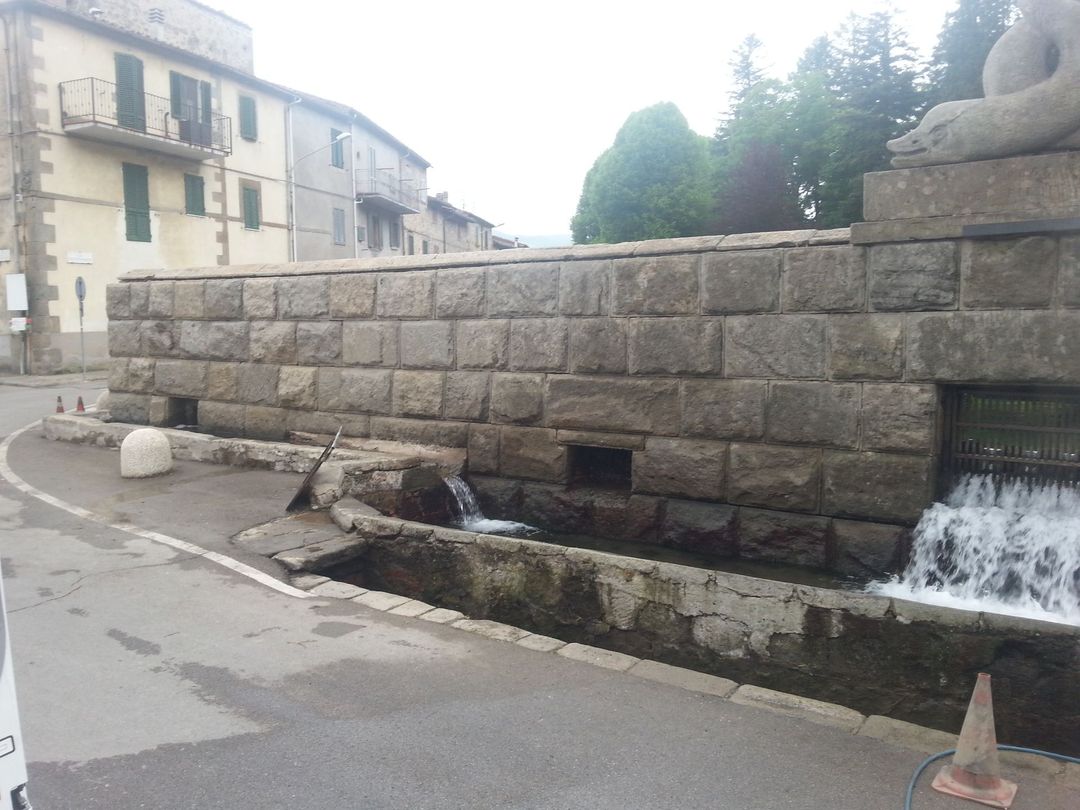 Una fontana in pietra con acqua corrente, sullo sfondo di edifici lungo una strada di una città storica.