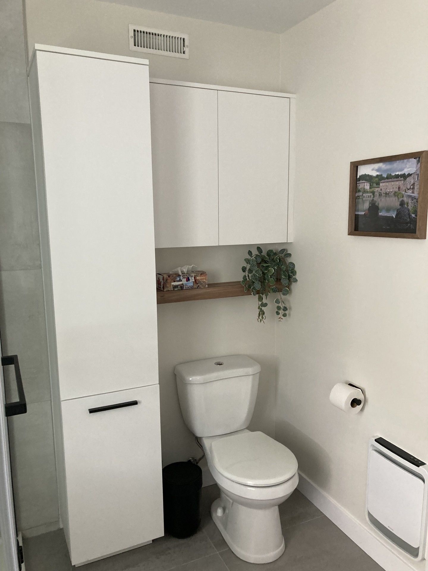 Une salle de bain avec toilettes, armoires et un tableau au mur.
