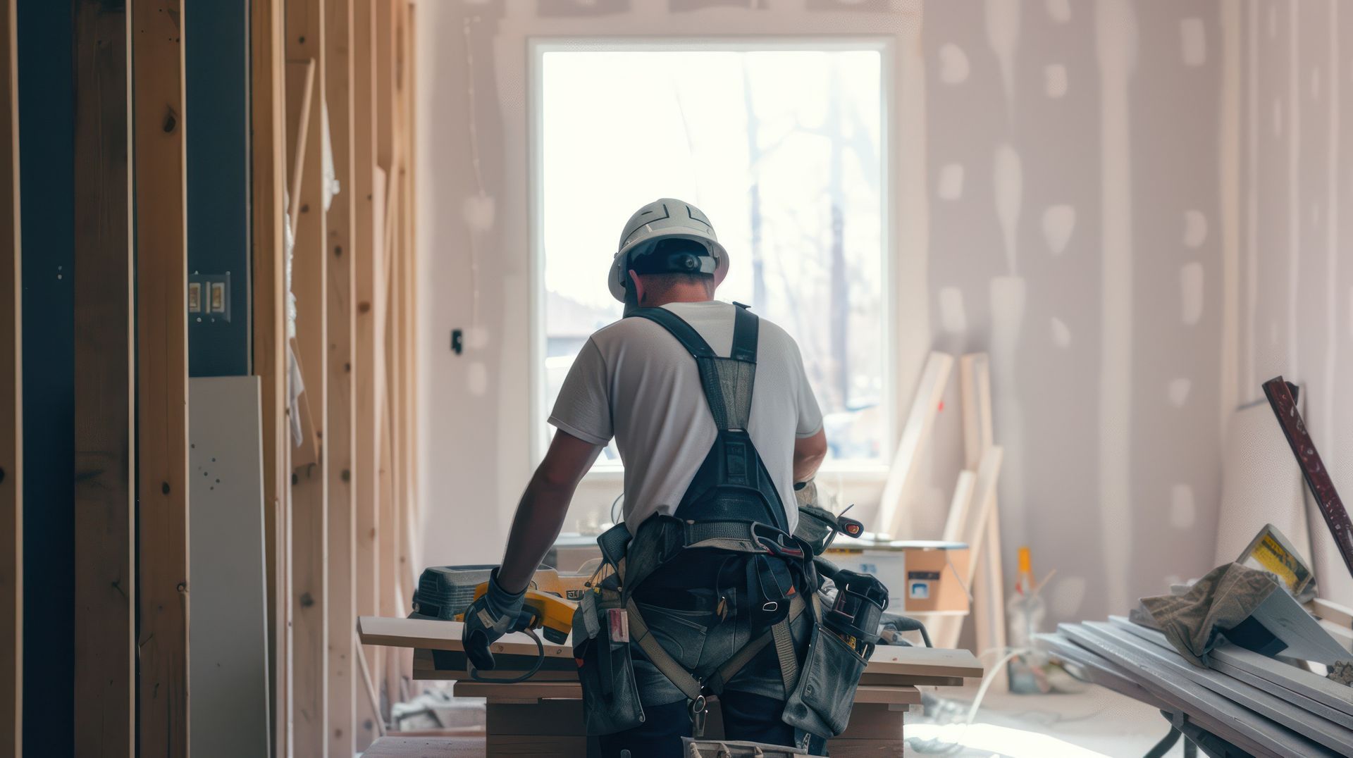 Un ouvrier du bâtiment se tient dans une pièce d'une maison en construction.