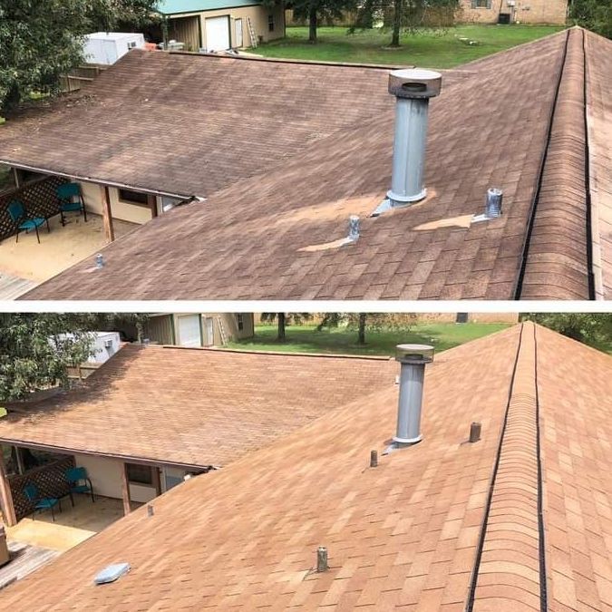 a before and after picture of a roof with a chimney .