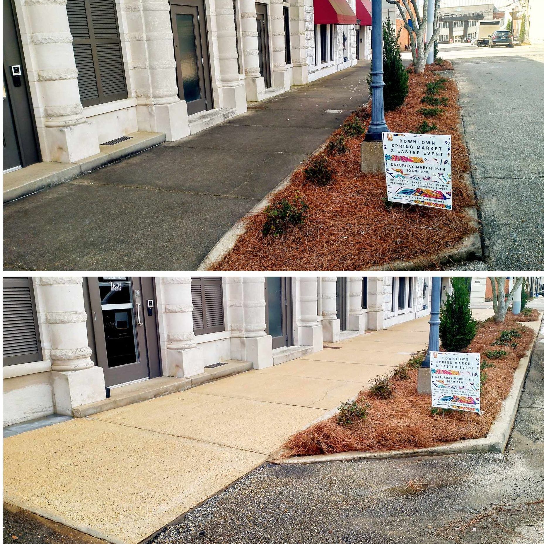 a before and after photo of a sidewalk in front of a building