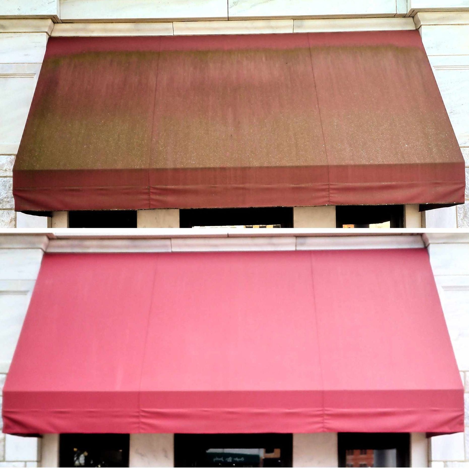 a before and after picture of a red awning on a building