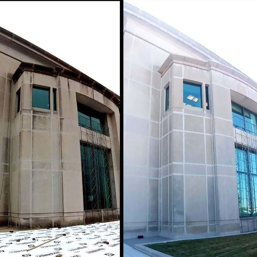 A court building before and after