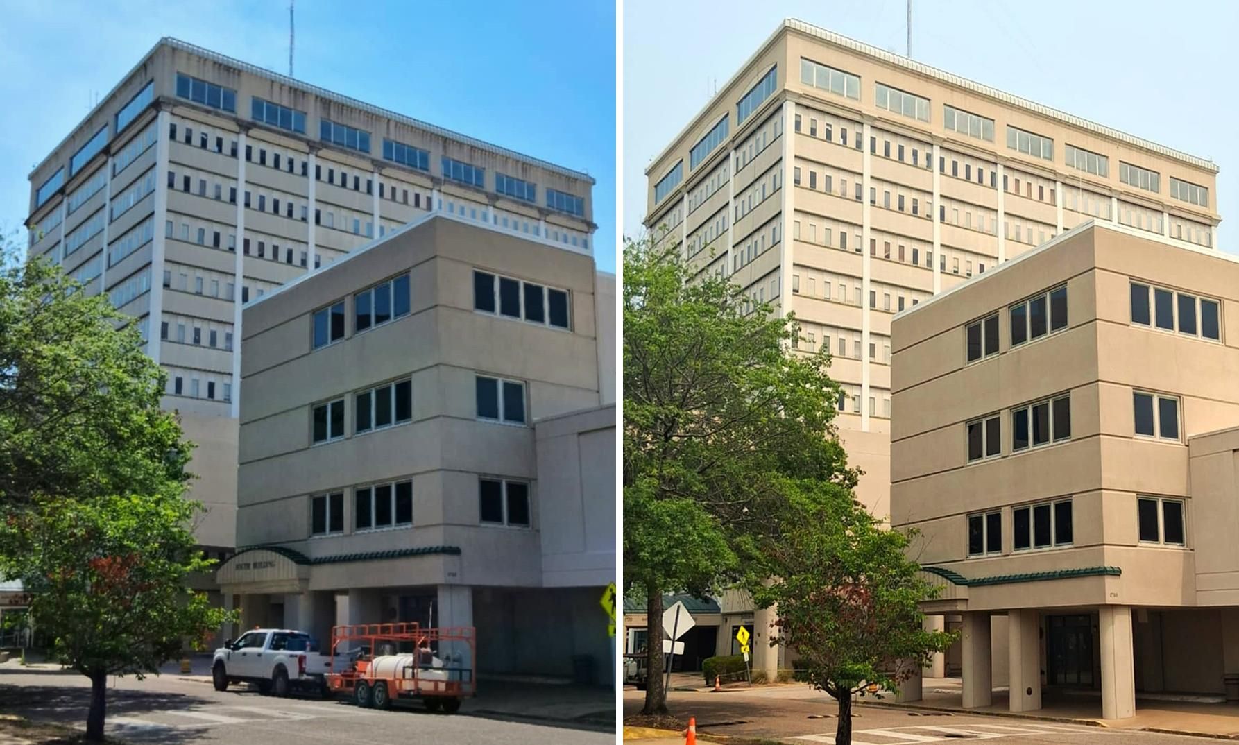 Two pictures of a large building with a lot of windows and trees in front of it before and after