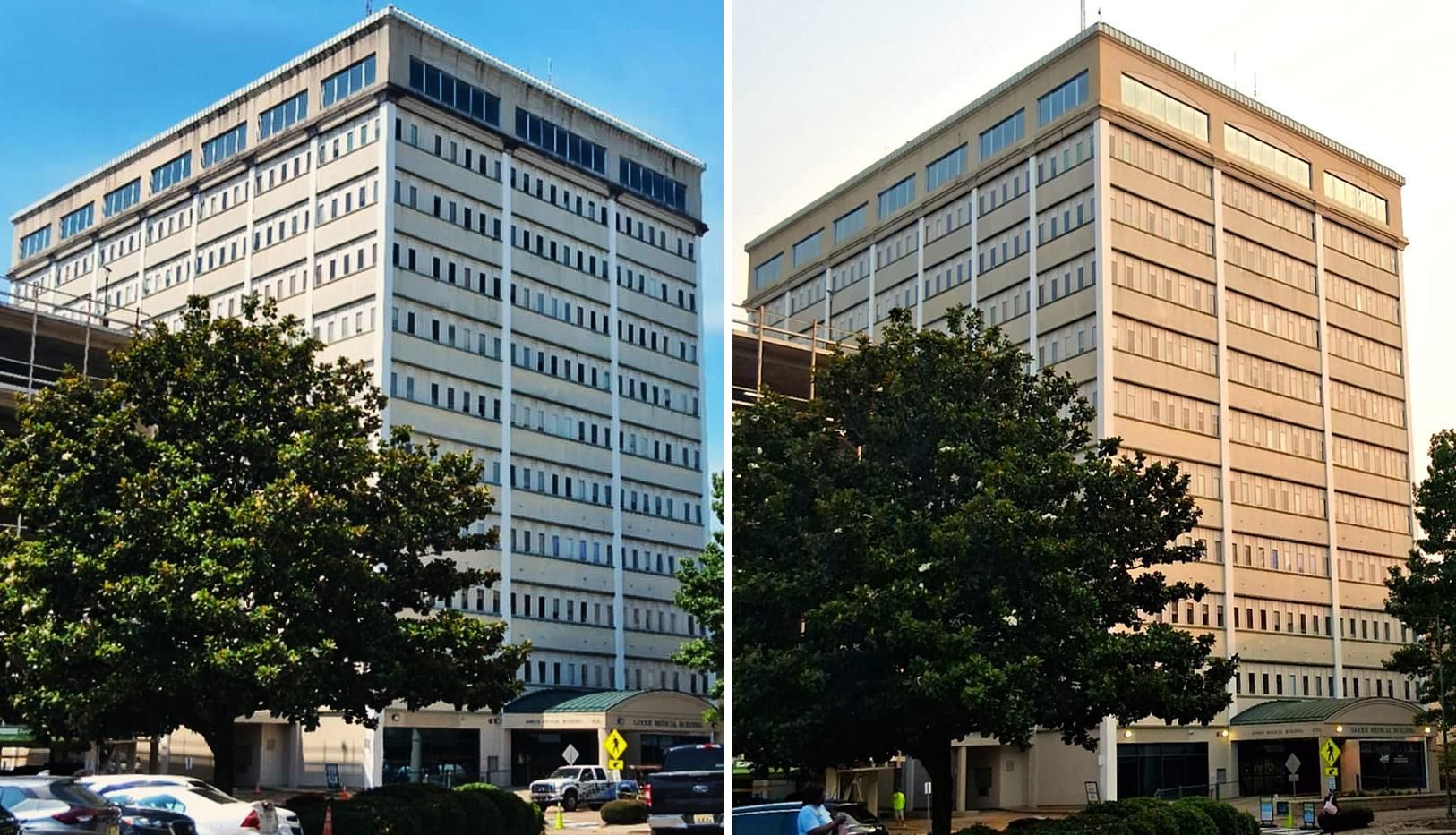 Two pictures of a tall building with trees in front of it before and after