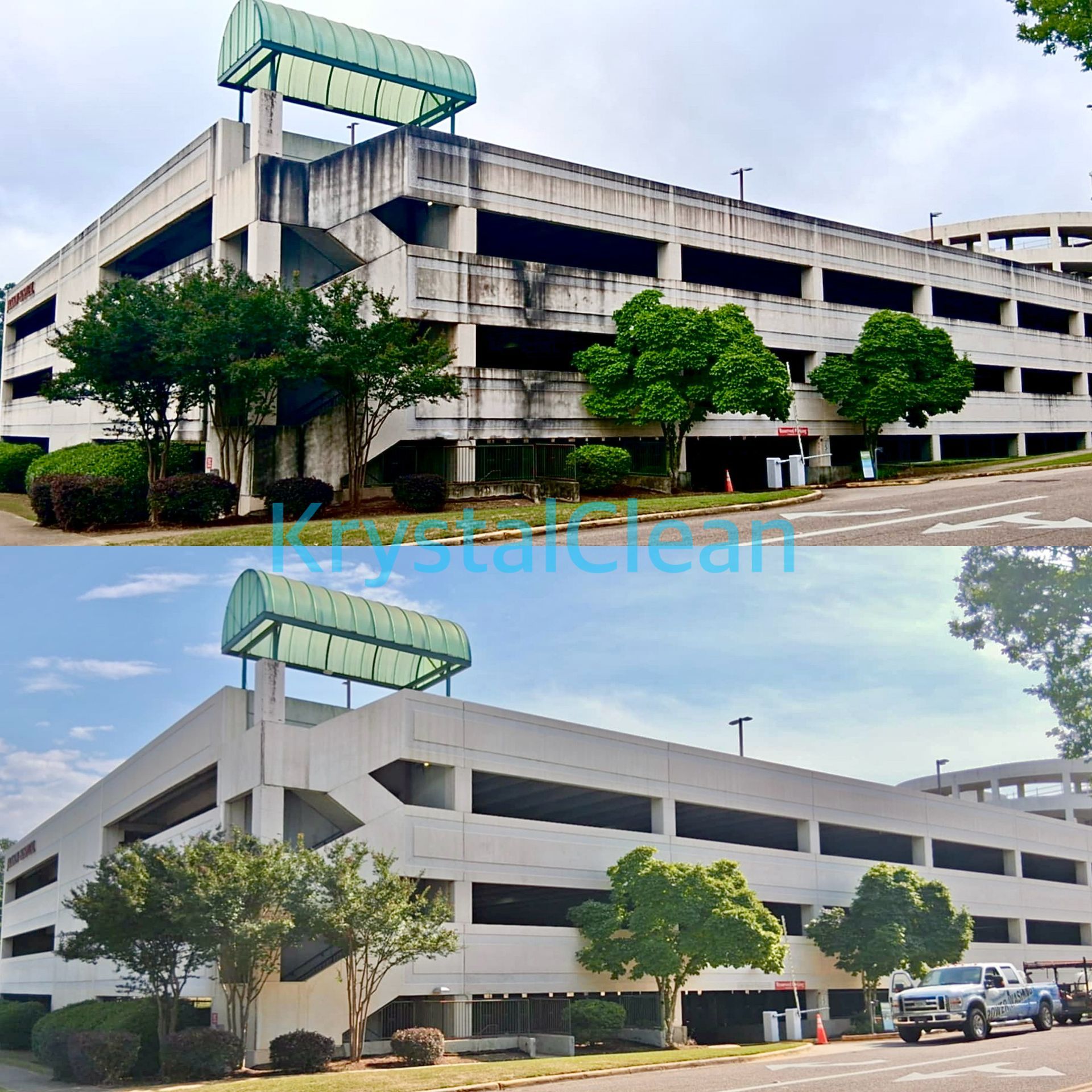 A before and after photo of a parking garage