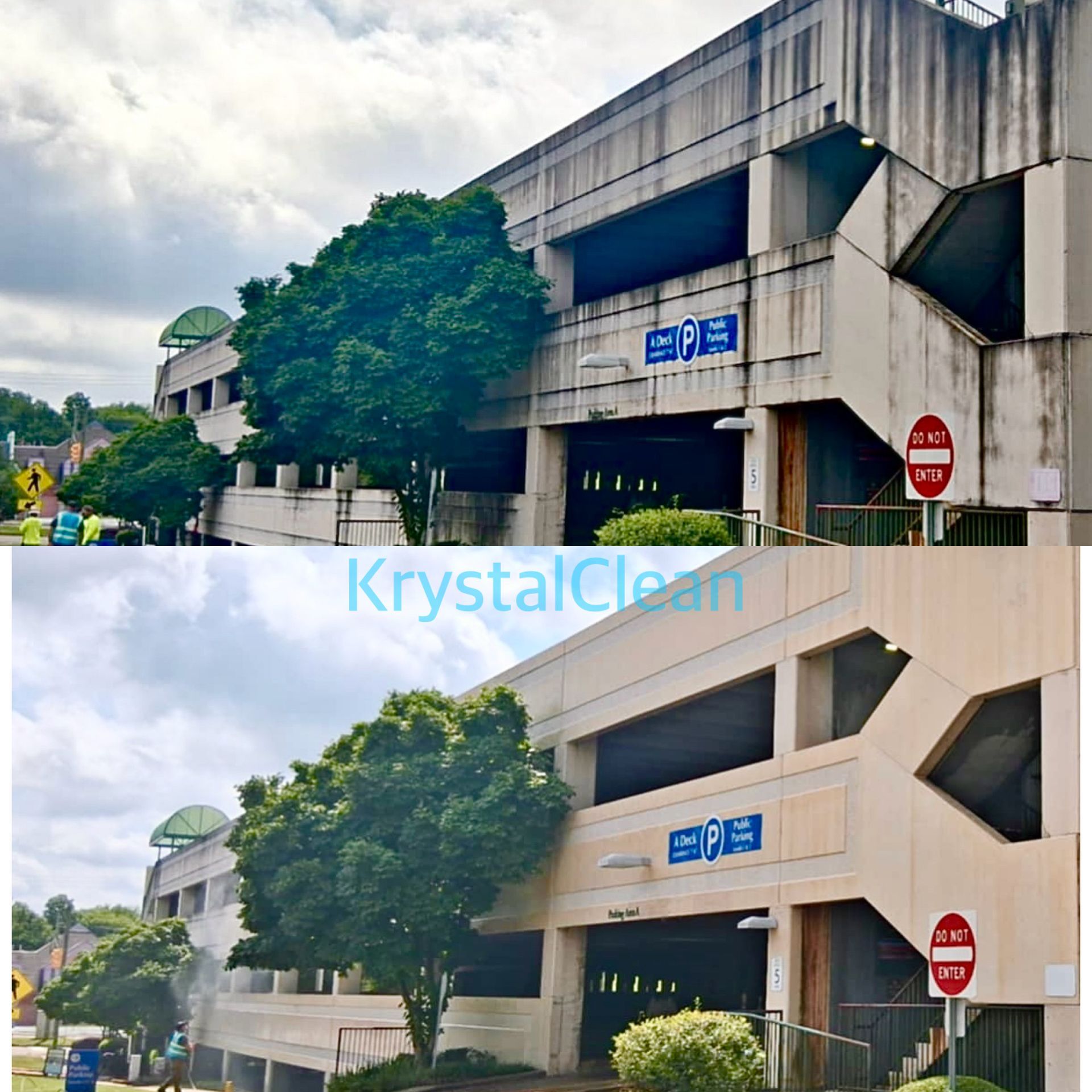 A before and after photo of a parking garage by krystalclean