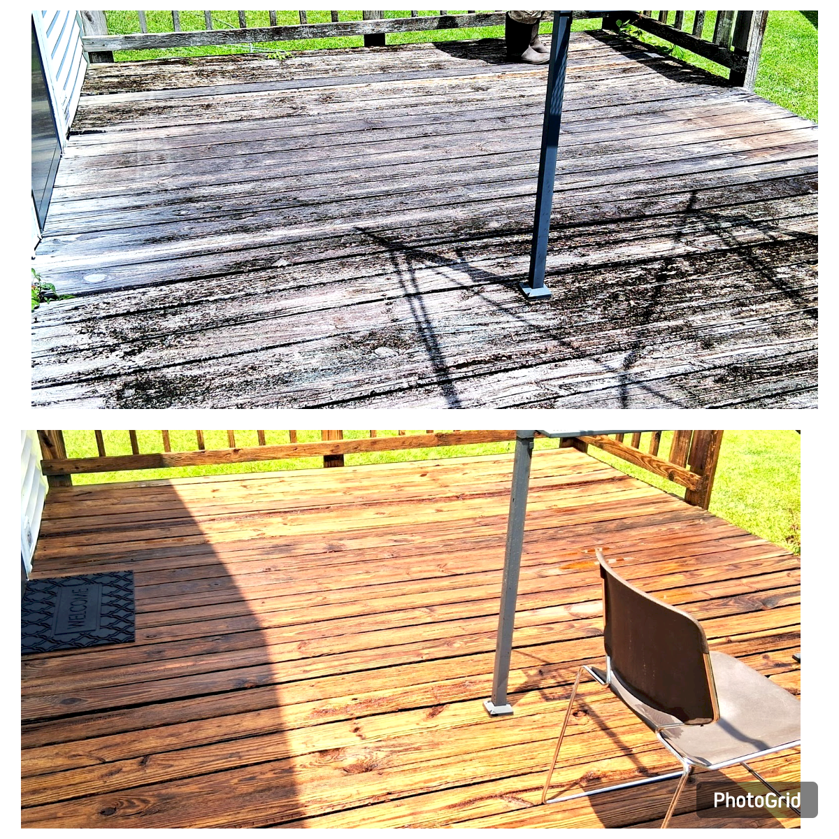 “Before and after view of a wooden deck showing heavy mold build-up and the restored clean deck after pressure washing.”