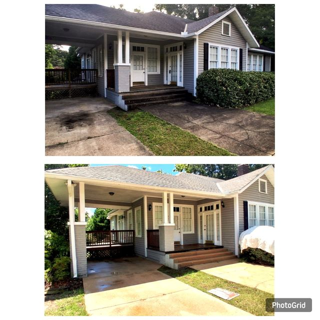 Before and after exterior cleaning of a residential home with restored driveway, porch, and siding