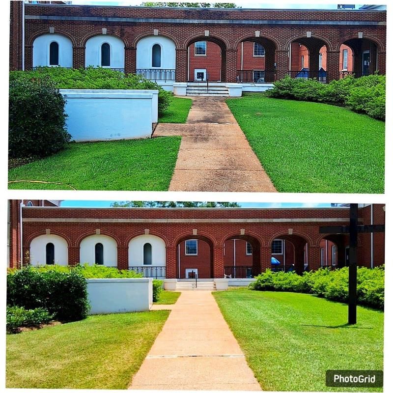 “Before and after comparison of a concrete walkway and courtyard outside a brick building after prof