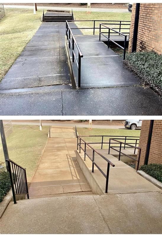 “Before and after view of a concrete accessibility ramp and walkway showing dirt buildup and the cle