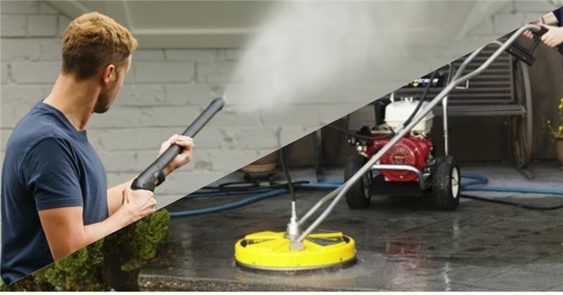 A worker cleaning a concrete sidewalk using a circular pressure washer surface cleaner.