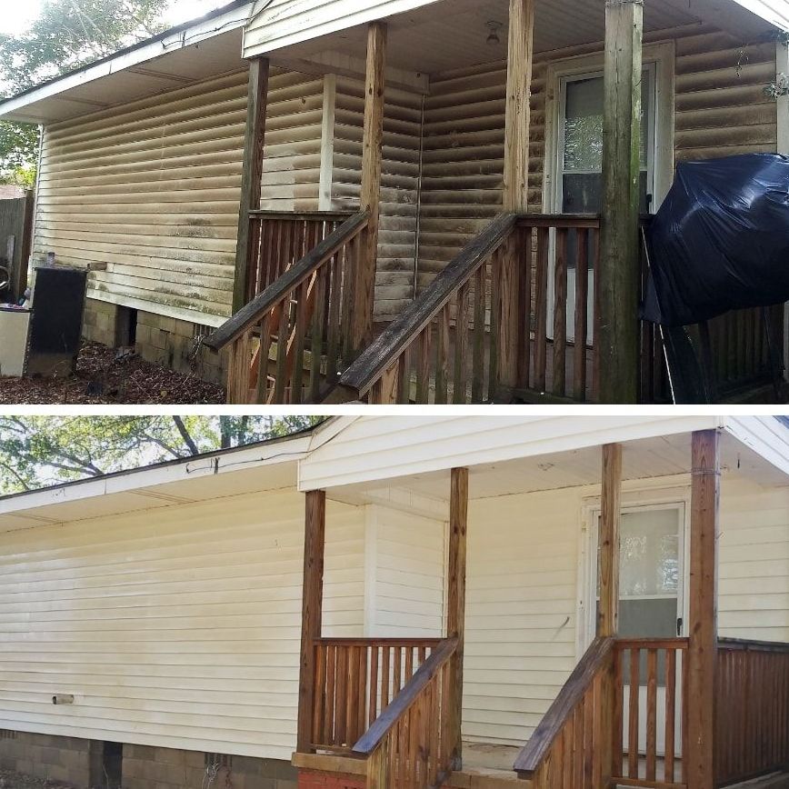 a before and after photo of a house with a porch .