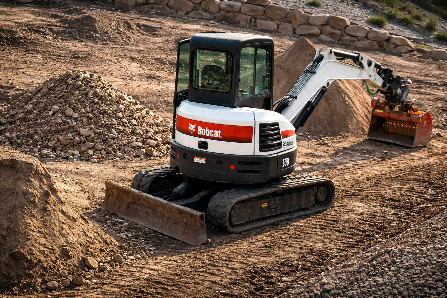 A white and black Bobcat compact excavator sits on a dirt construction site next to piles of gravel and soil.