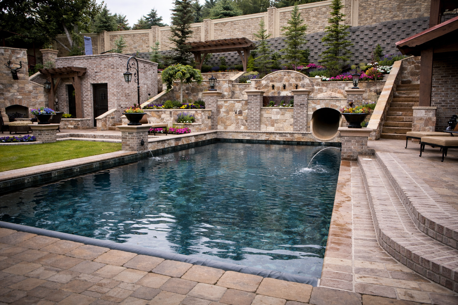 A stone patio with a rectangular swimming pool, a water feature, a waterslide tunnel, and tiered landscaping.