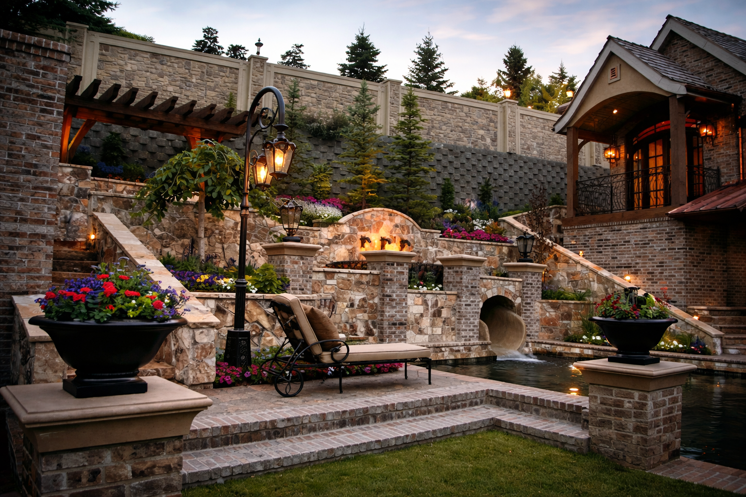 A tiered stone patio with a water feature, lounge chair, gas fire, and landscaped flower pots at dusk.