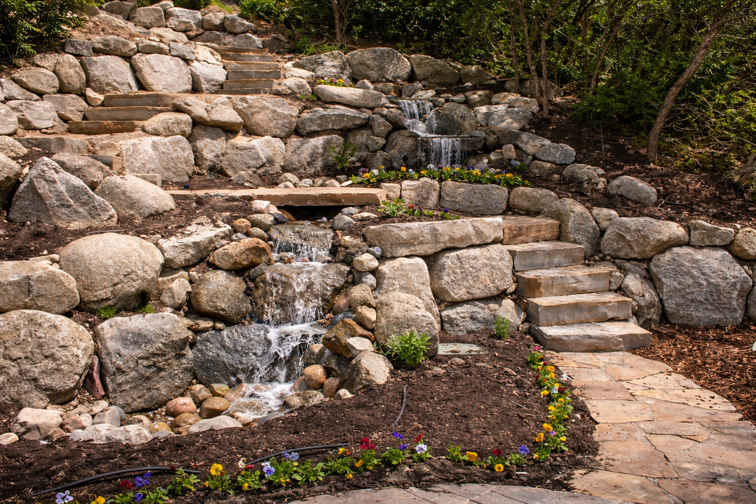 A tiered stone garden with a cascading waterfall, stone steps, and colorful flowers along a landscaped pathway.