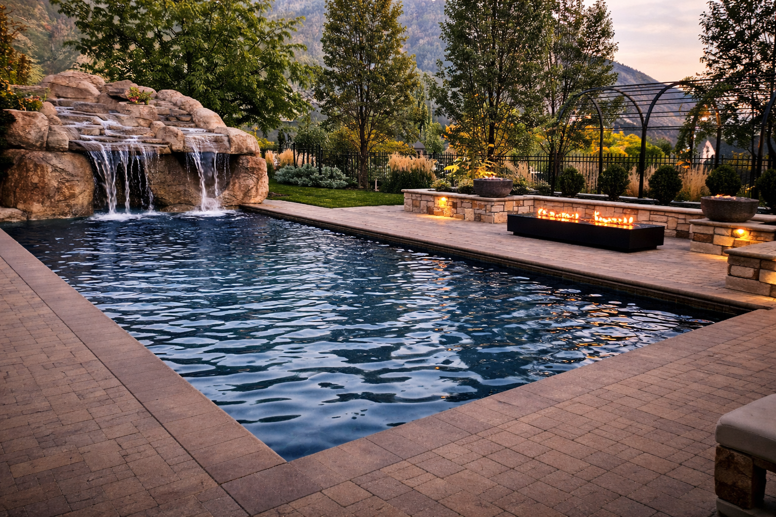 A rectangular swimming pool with a stone waterfall, surrounded by pavers, landscaping, and a lit fire feature at dusk.