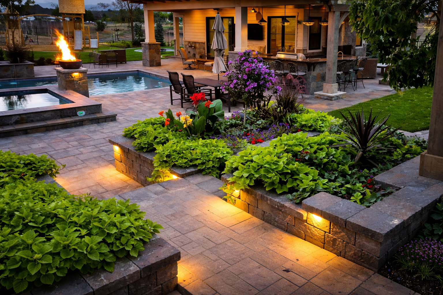 A lit backyard patio at dusk, featuring stone pavers, tiered garden beds with lush greenery, a pool, and a fire feature.