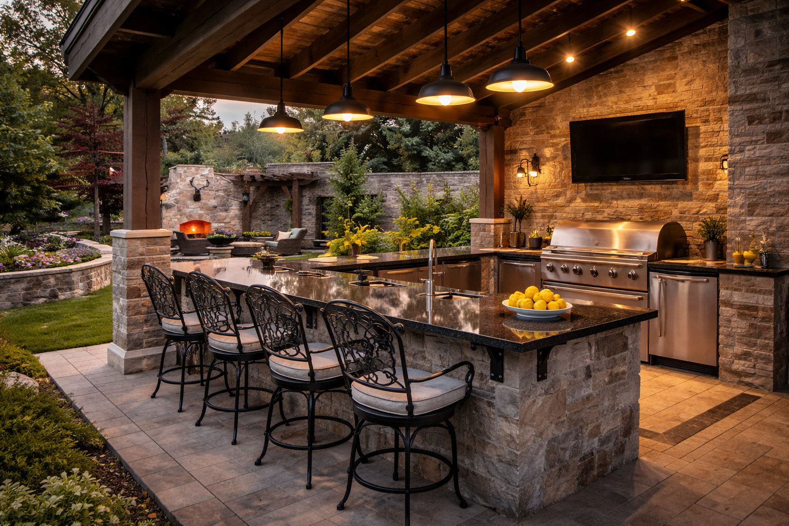 An outdoor kitchen under a stone pavilion, featuring a bar with four chairs, a built-in grill, and evening lighting.