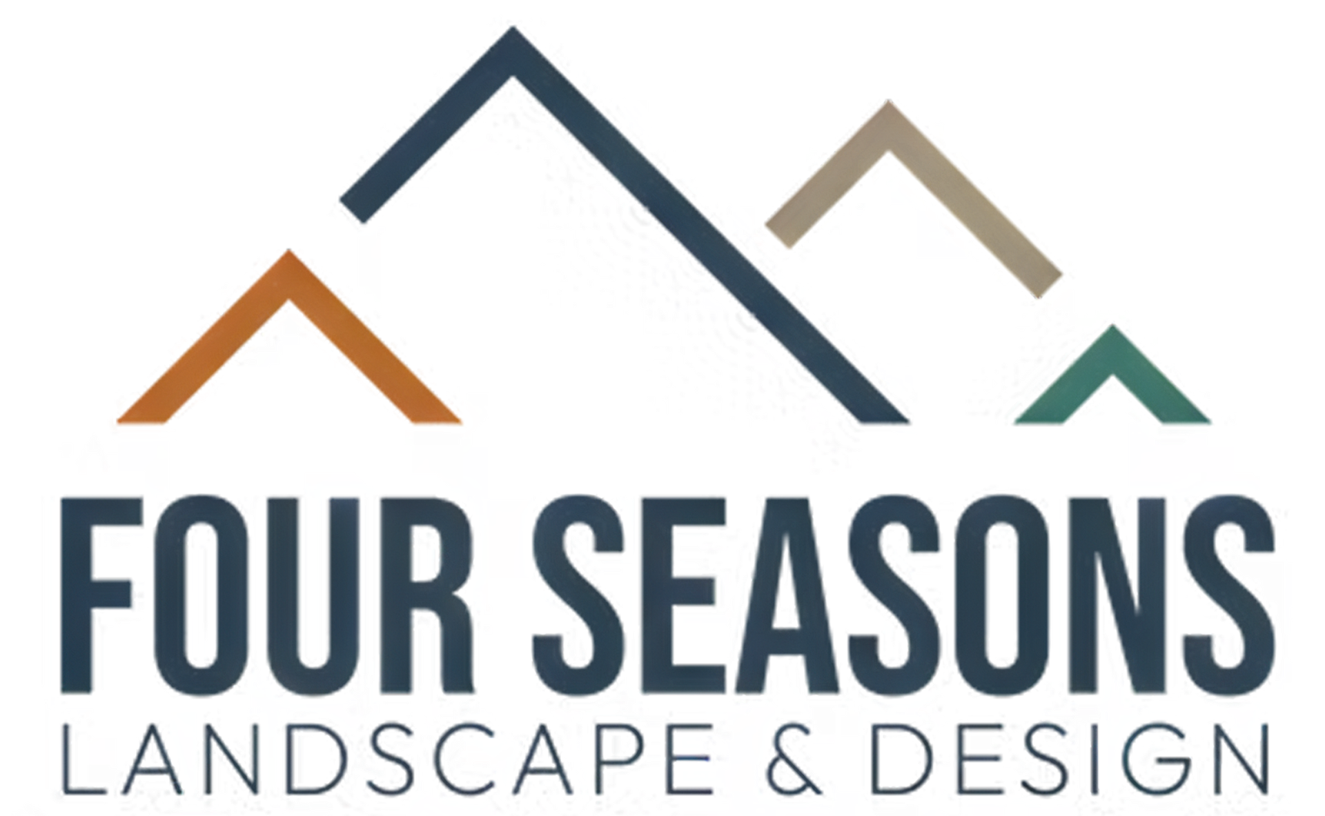 Logo for Four Seasons Landscape & Design, featuring four mountain peaks in orange, dark blue, tan, and green above the text.