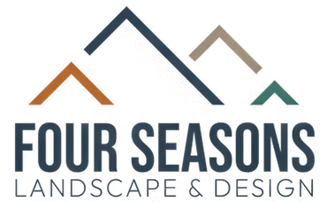 Logo for Four Seasons Landscape & Design, featuring four mountain peaks in orange, dark blue, tan, and green above the text.