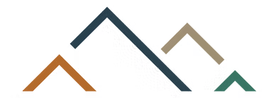 A minimalist graphic featuring four stylized mountain peaks in varying sizes and colors: orange, dark blue, tan, and teal.