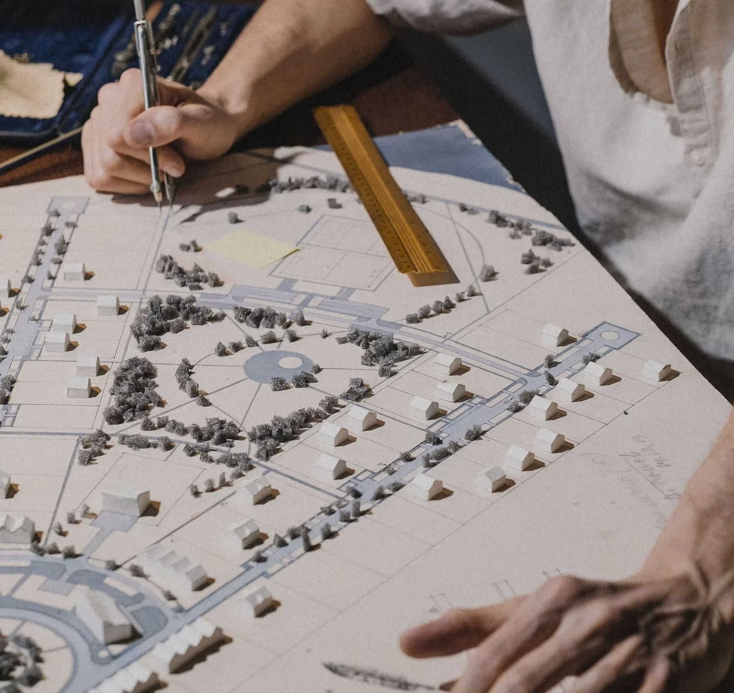 A person using a tool and ruler to mark a detailed physical model of a neighborhood plan on a table.
