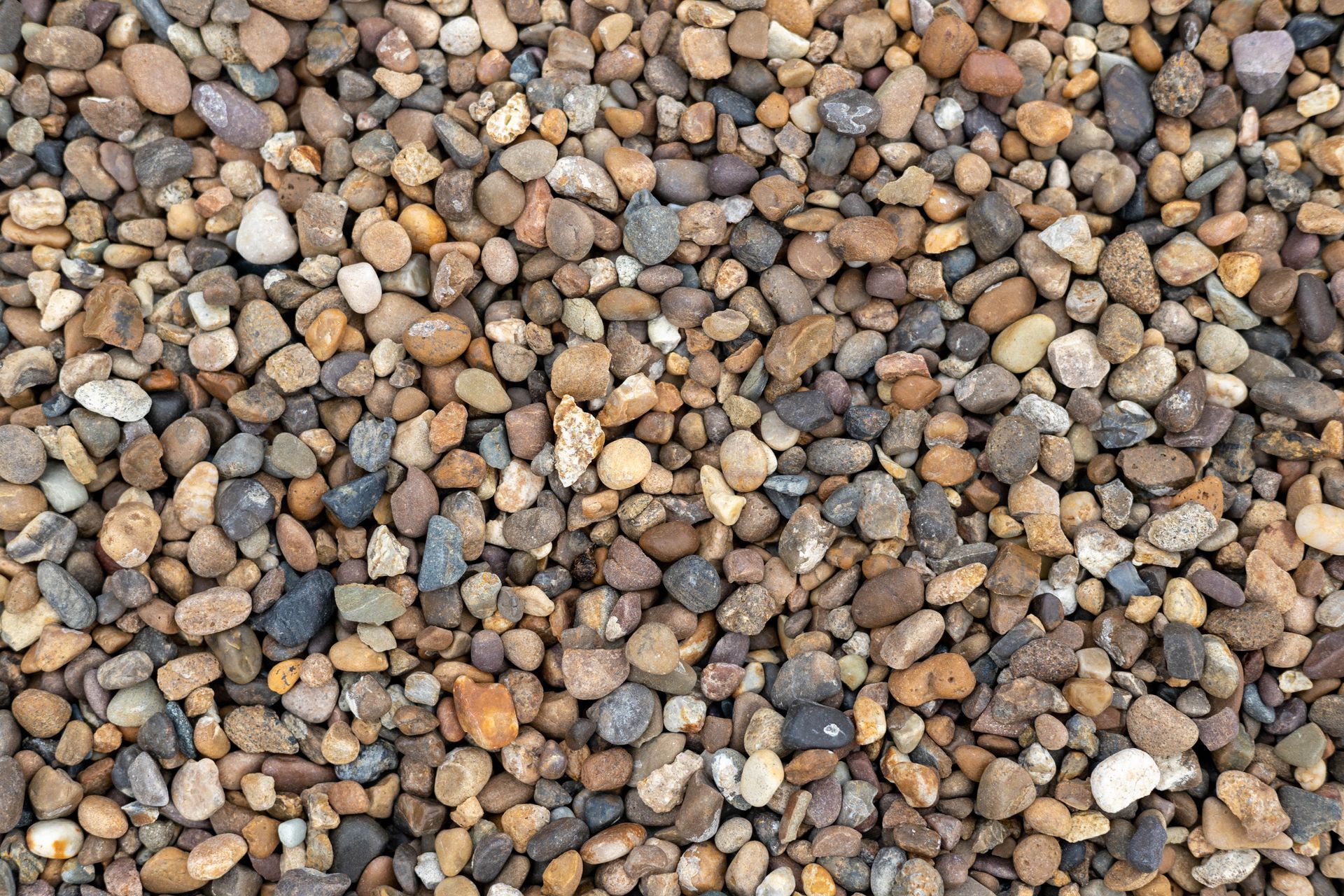 Close-up of mixed brown, gray, and tan pebbles covering the ground