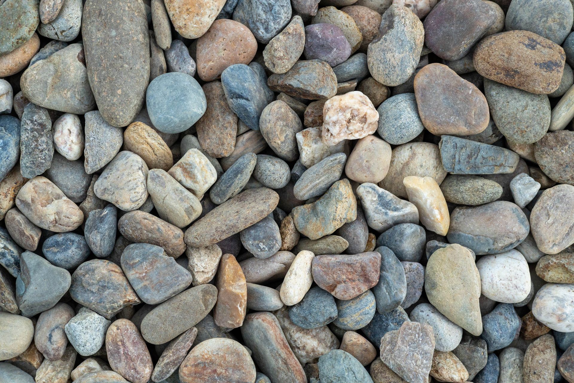 Close-up of assorted smooth pebbles in gray, tan, brown, and white tones
