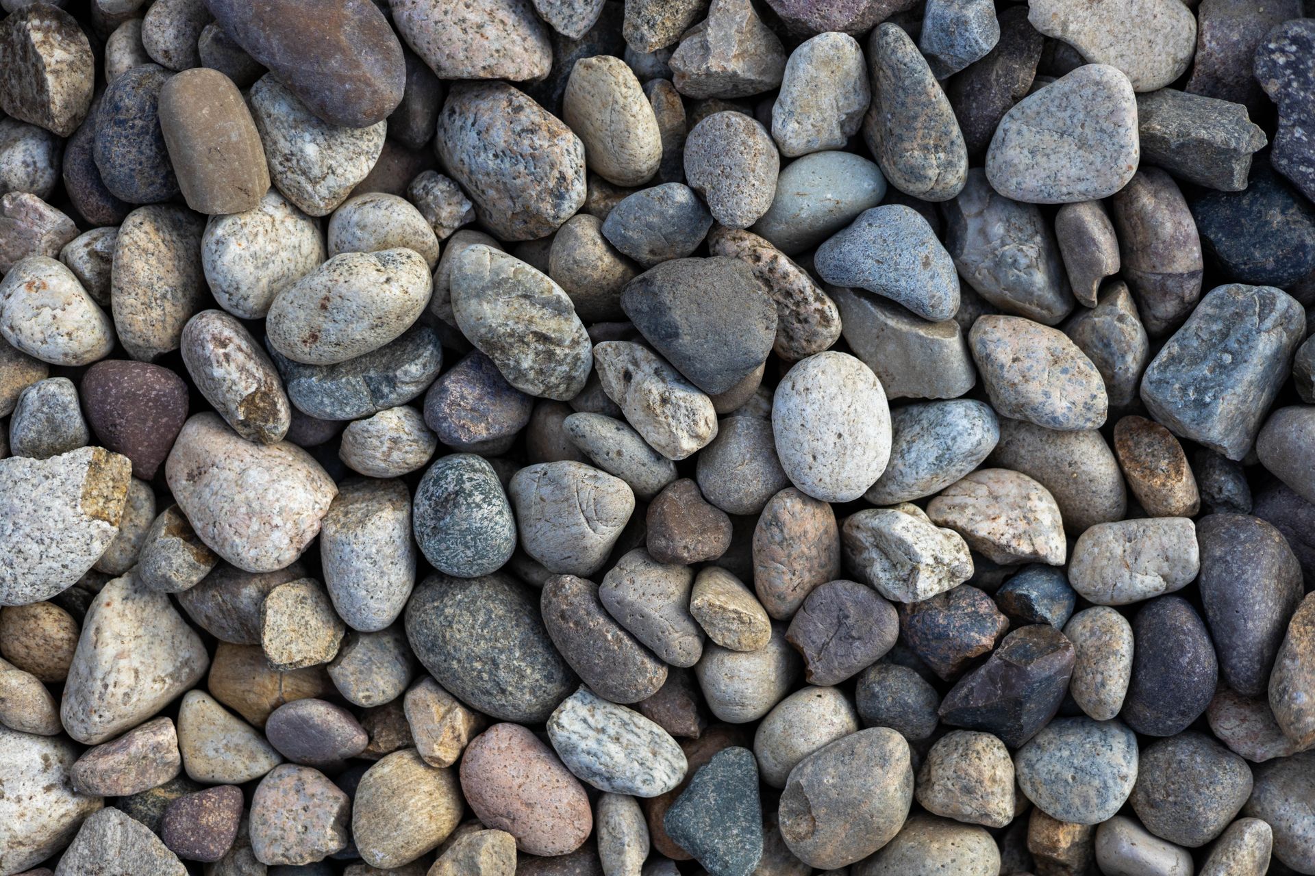 Close-up of smooth gray and brown pebbles filling the frame