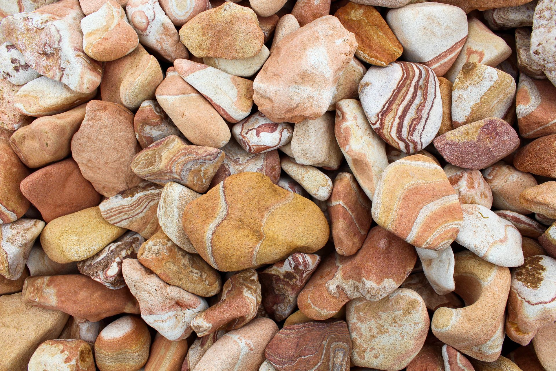 Close-up of assorted small pebbles in tan, white, and rust tones with speckled and striped patterns