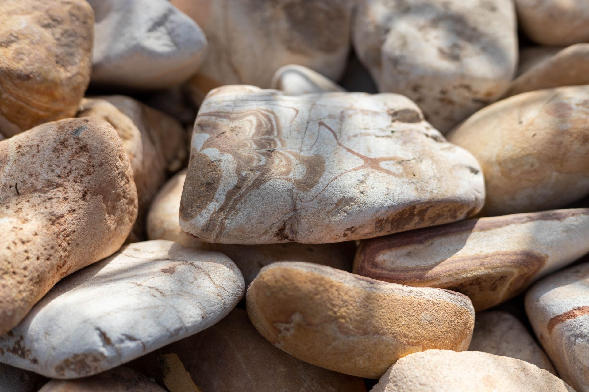 Close-up of assorted small pebbles in tan, white, and rust tones with speckled and striped patterns