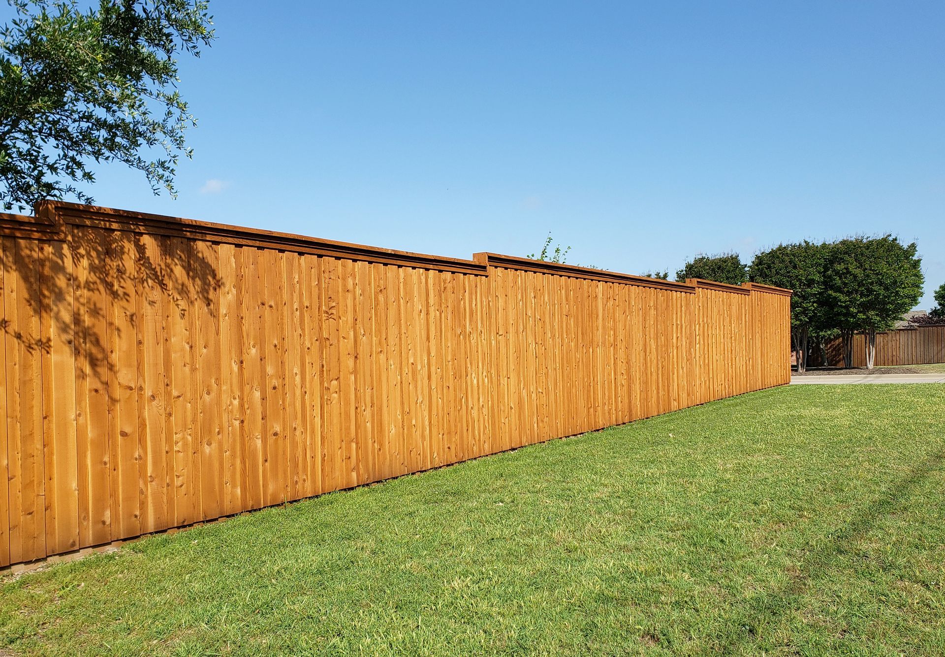 A long, stained wooden fence in a grassy yard under a blue sky.