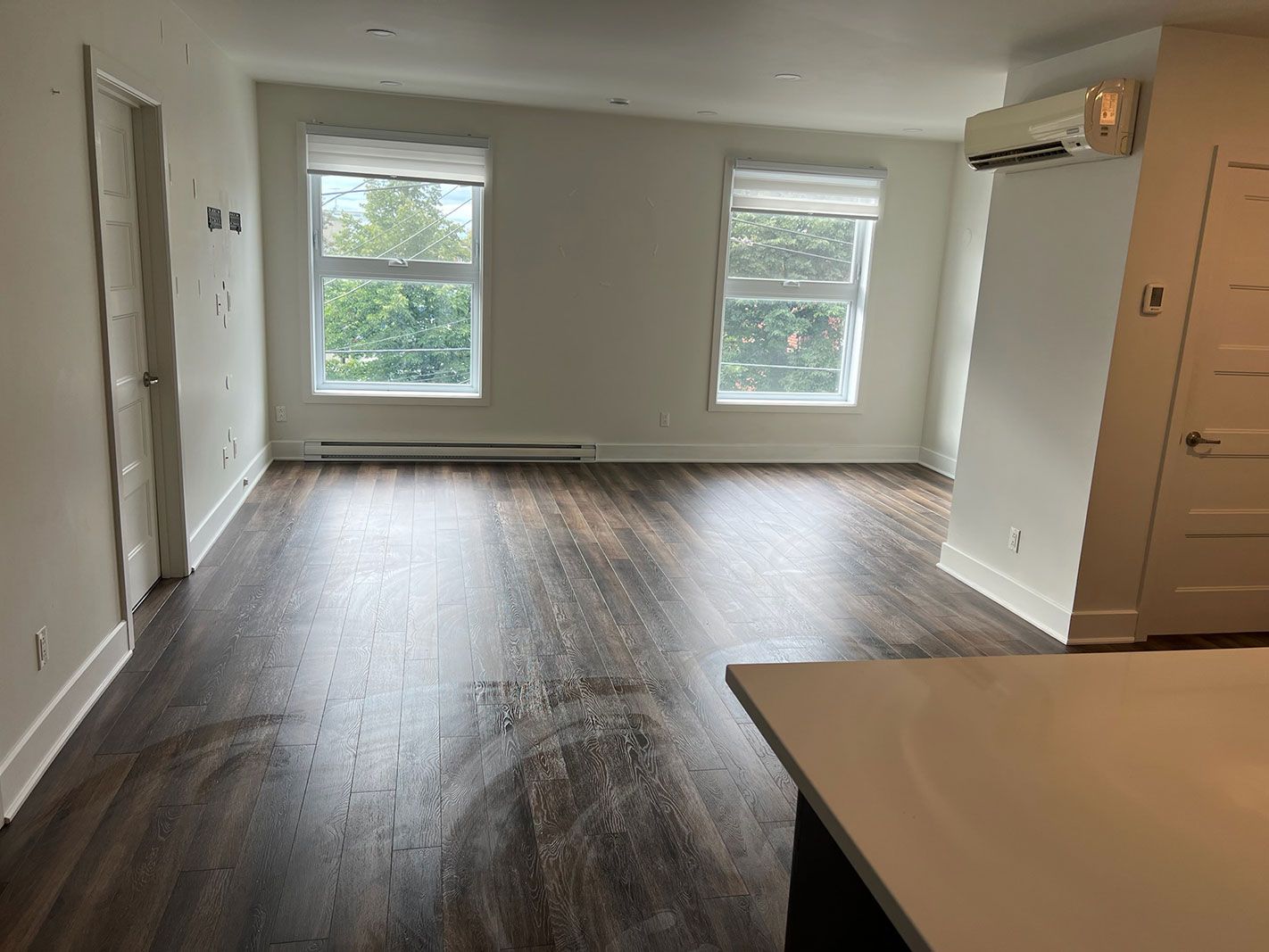 Un salon vide avec du parquet et deux fenêtres