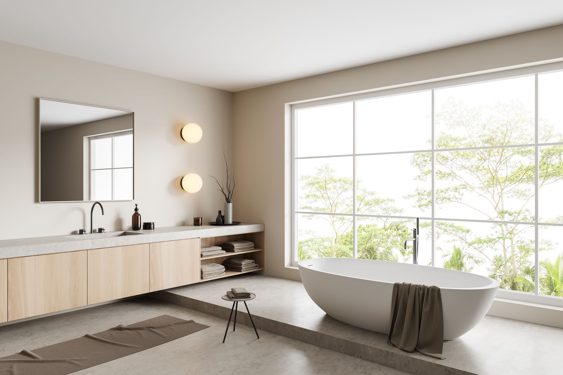 Une salle de bain avec baignoire, lavabo, miroir et grandes fenêtres.