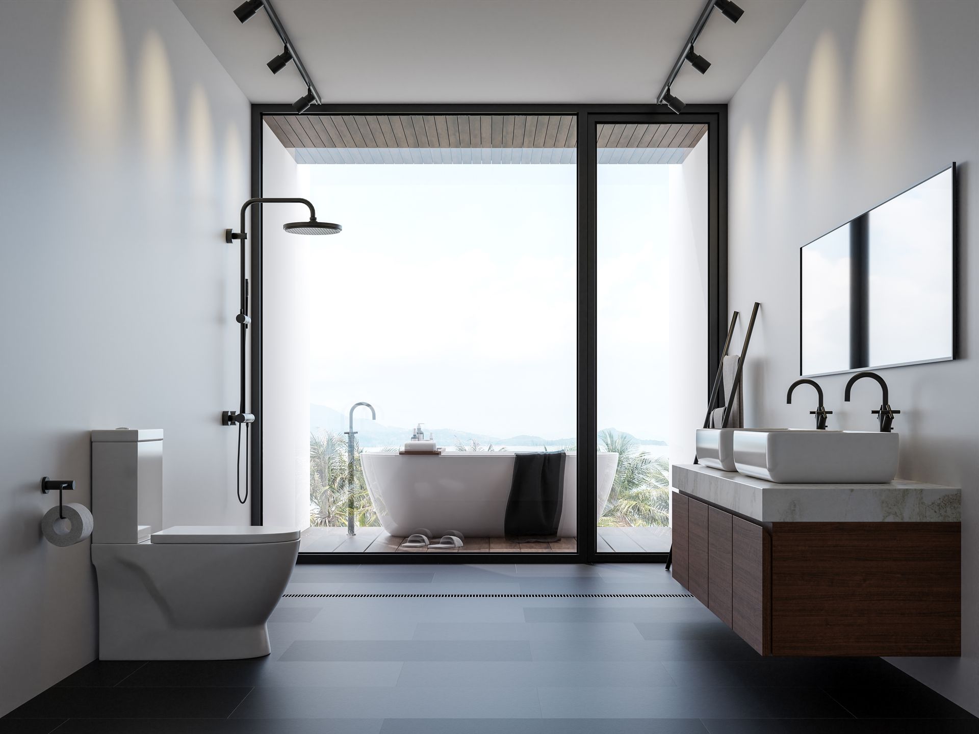 Une salle de bain avec WC, lavabo, baignoire et douche.