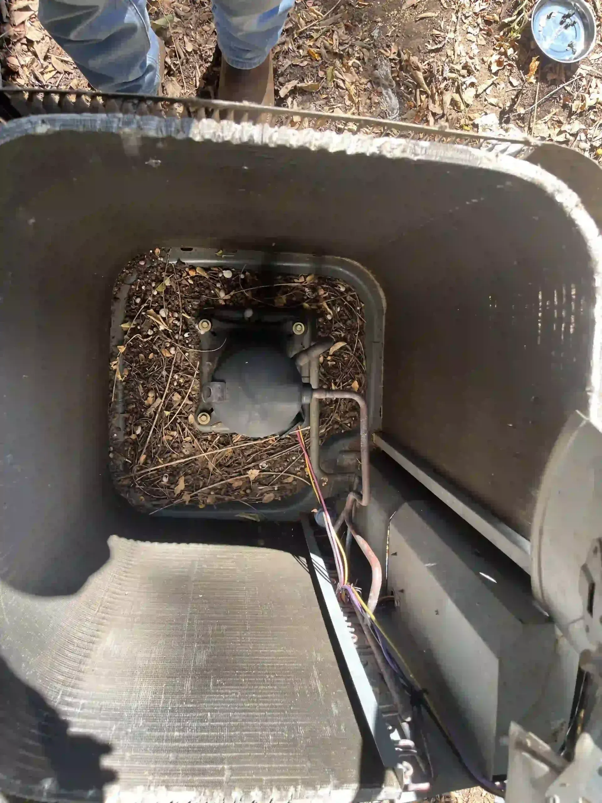 Inside of an AC unit with debris covering the coil.