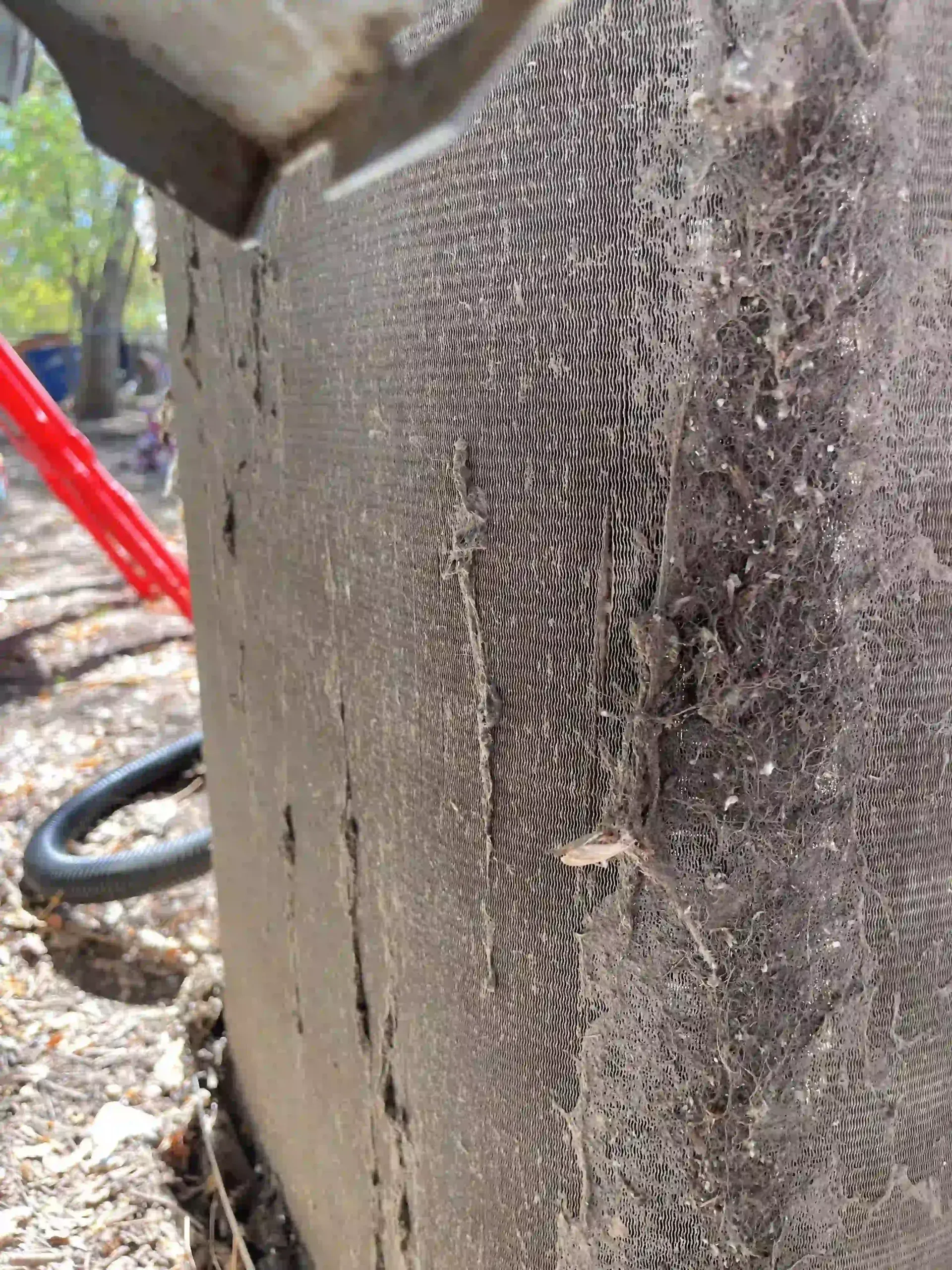 Close-up of a dirty air conditioner coil with debris. A tool is used to clean it outdoors.