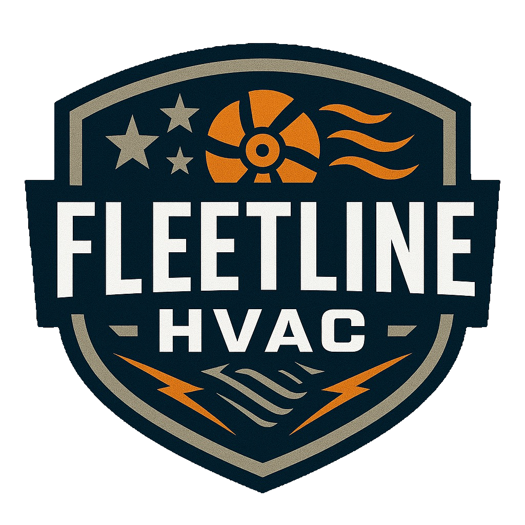 Fleetline HVAC logo with a shield shape, dark blue and orange, and the company name.