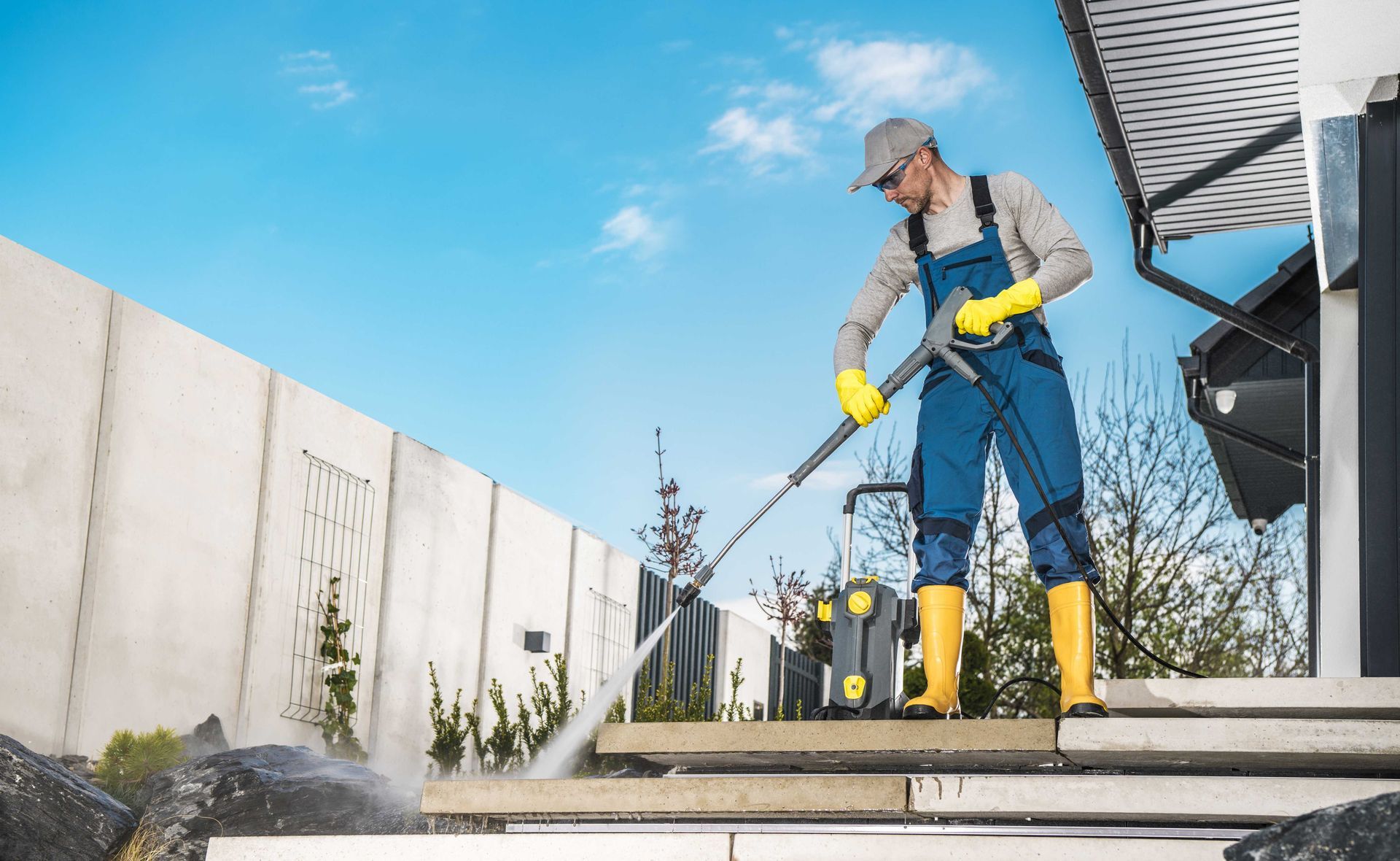 A man is using a high pressure washer to clean concrete steps