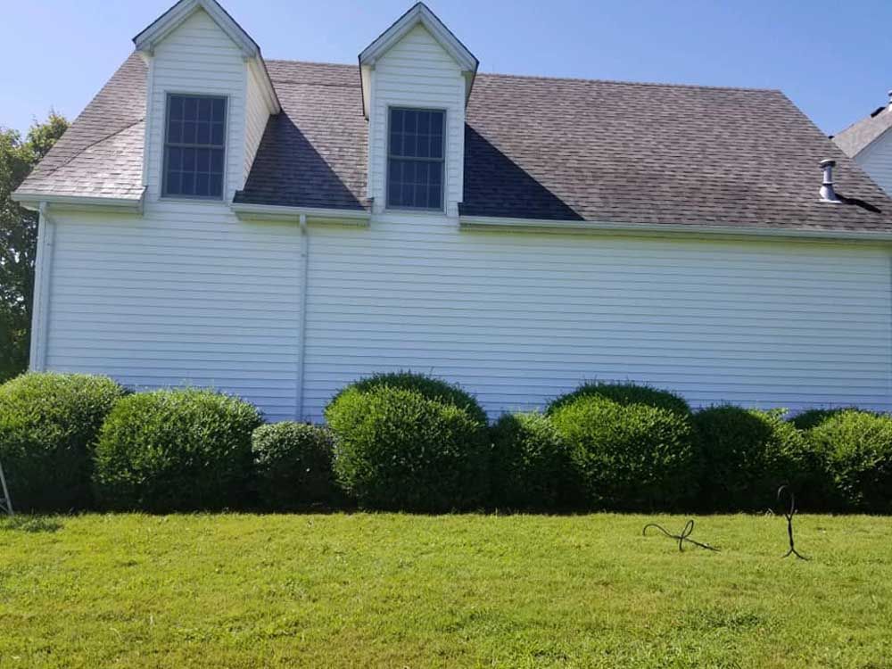 A white house with a brown roof and a lot of bushes in front of it