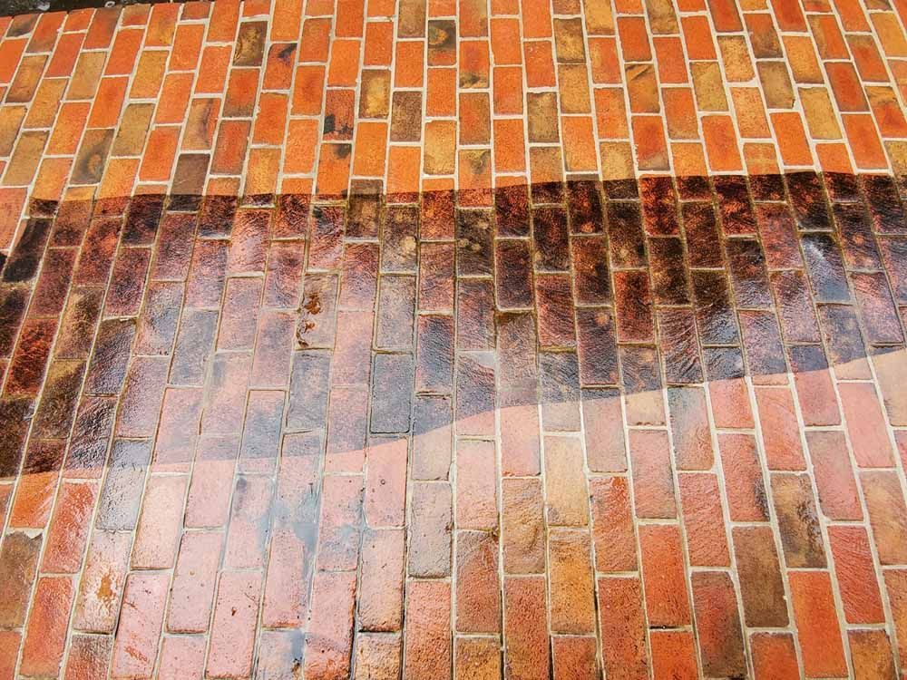 A before and after picture of a brick floor