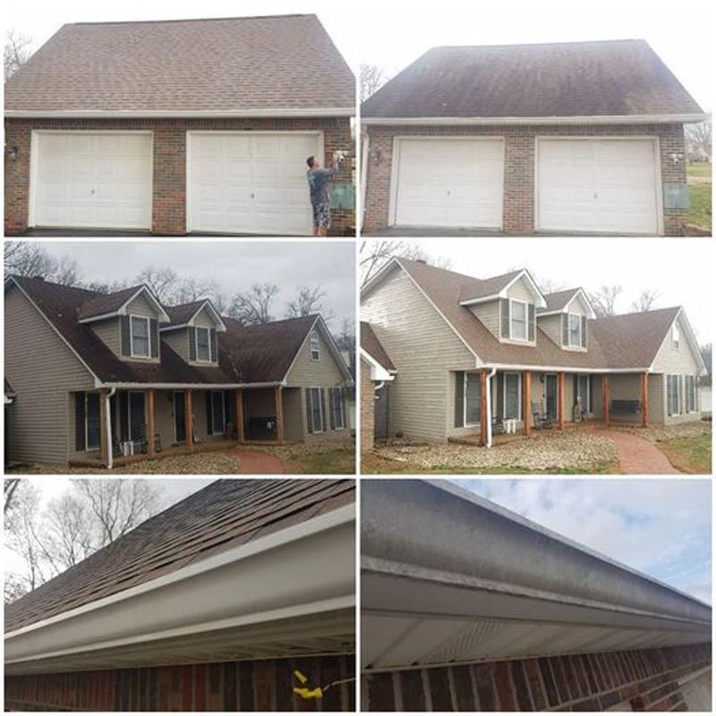 A before and after picture of a house with a garage