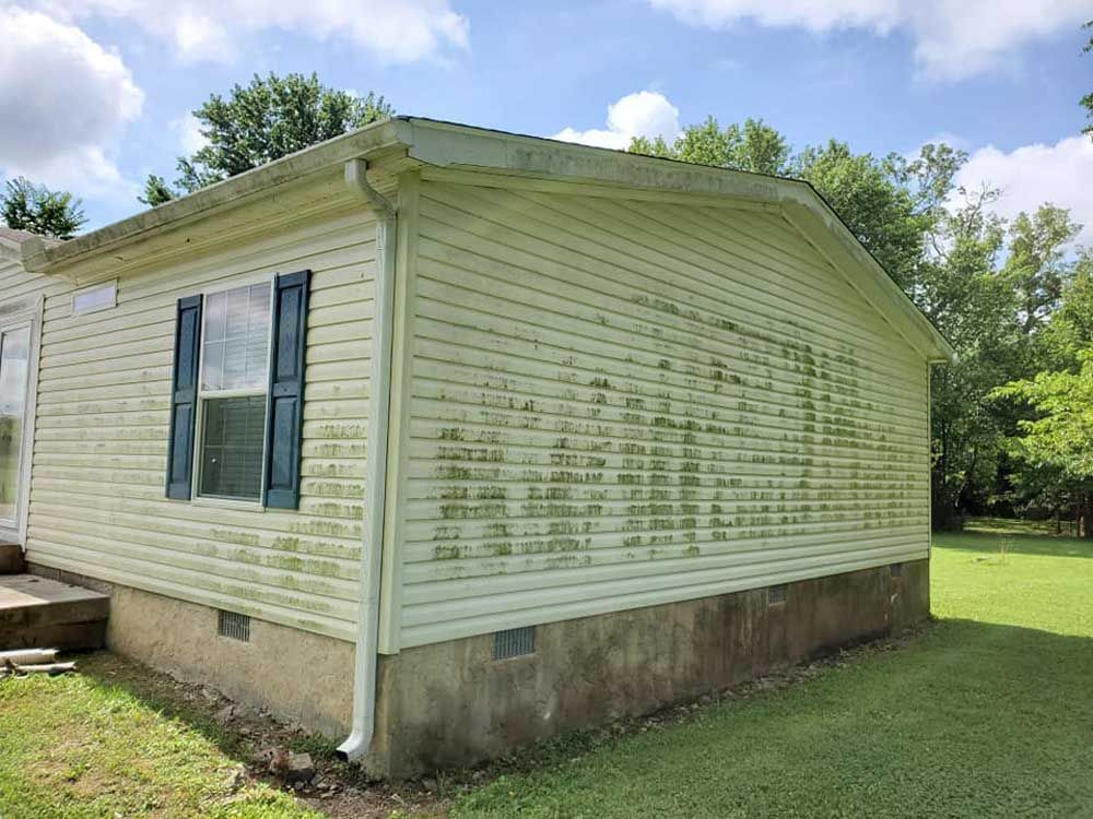 A mobile home with a white siding and blue shutters is sitting on top of a lush green field.