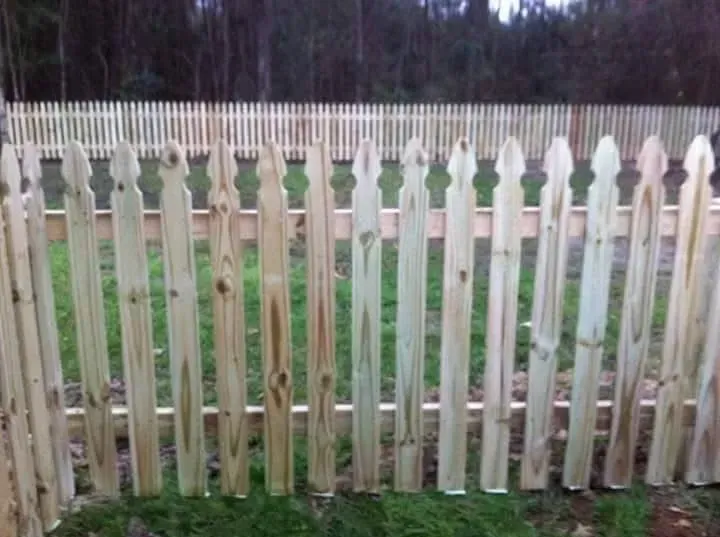 Wooden picket fence in a yard, with a forest in the background.