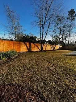 Wooden fence in backyard, trees casting shadows, sunny day.