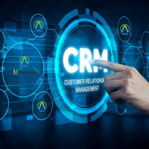 A hand pointing at a screen that says crm customer relations management