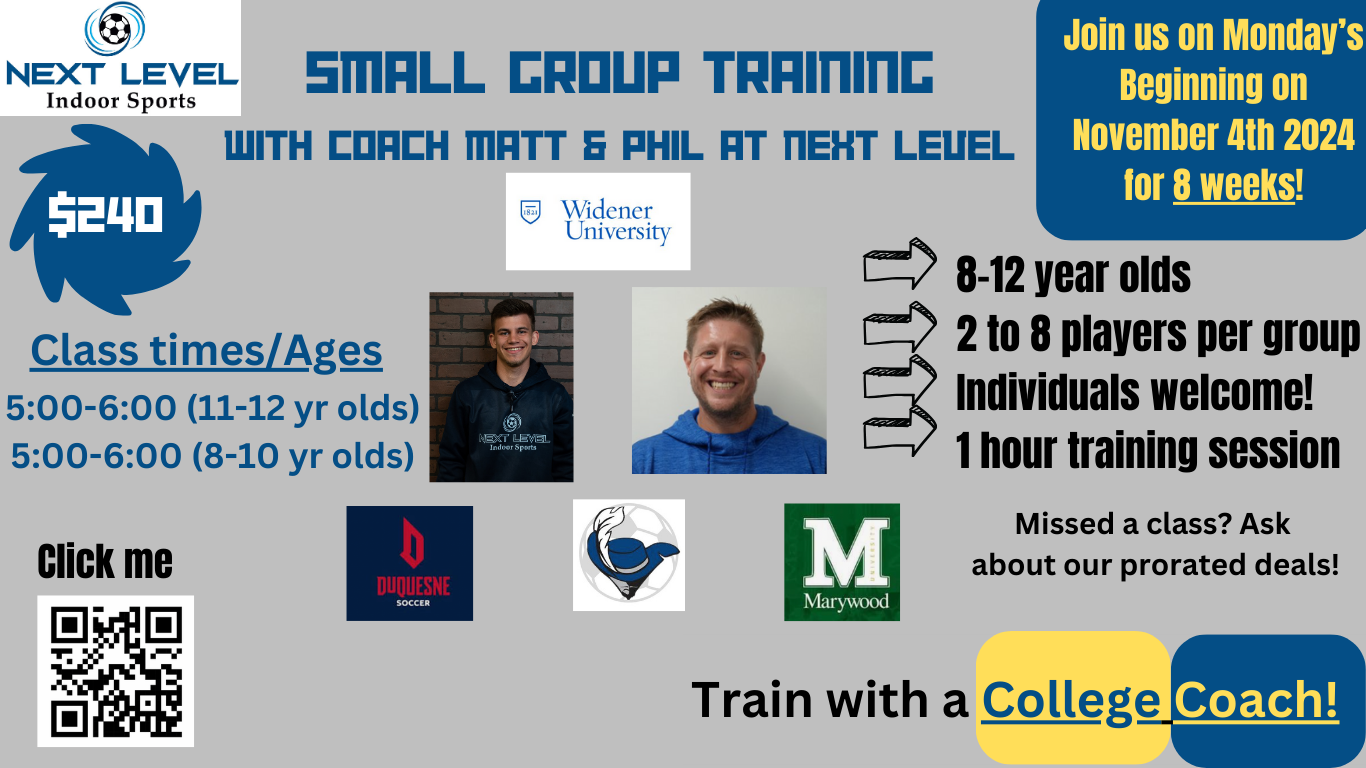 An advertisement for small group training with coach matt at next level